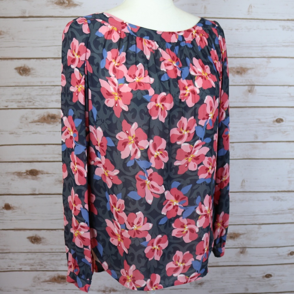 LOFT Gathered Floral Print Silky Work career Top
